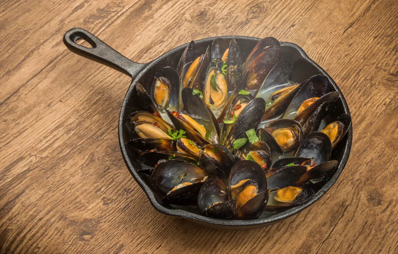 Photo wallpaper table, seafood, pan, mussels