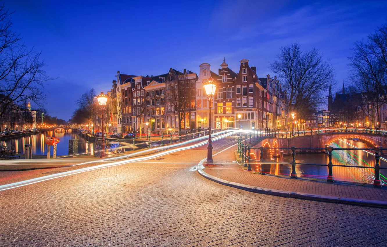 Photo wallpaper bridge, building, home, Amsterdam, lights, channel, Netherlands, night city, Amsterdam, Netherlands