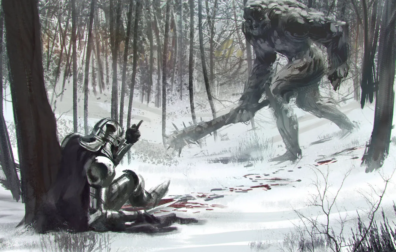 Photo wallpaper blood, fantasy, forest, soldier, armor, trees, club, snow, weapons, troll, artwork, fuck off, fantasy art, …