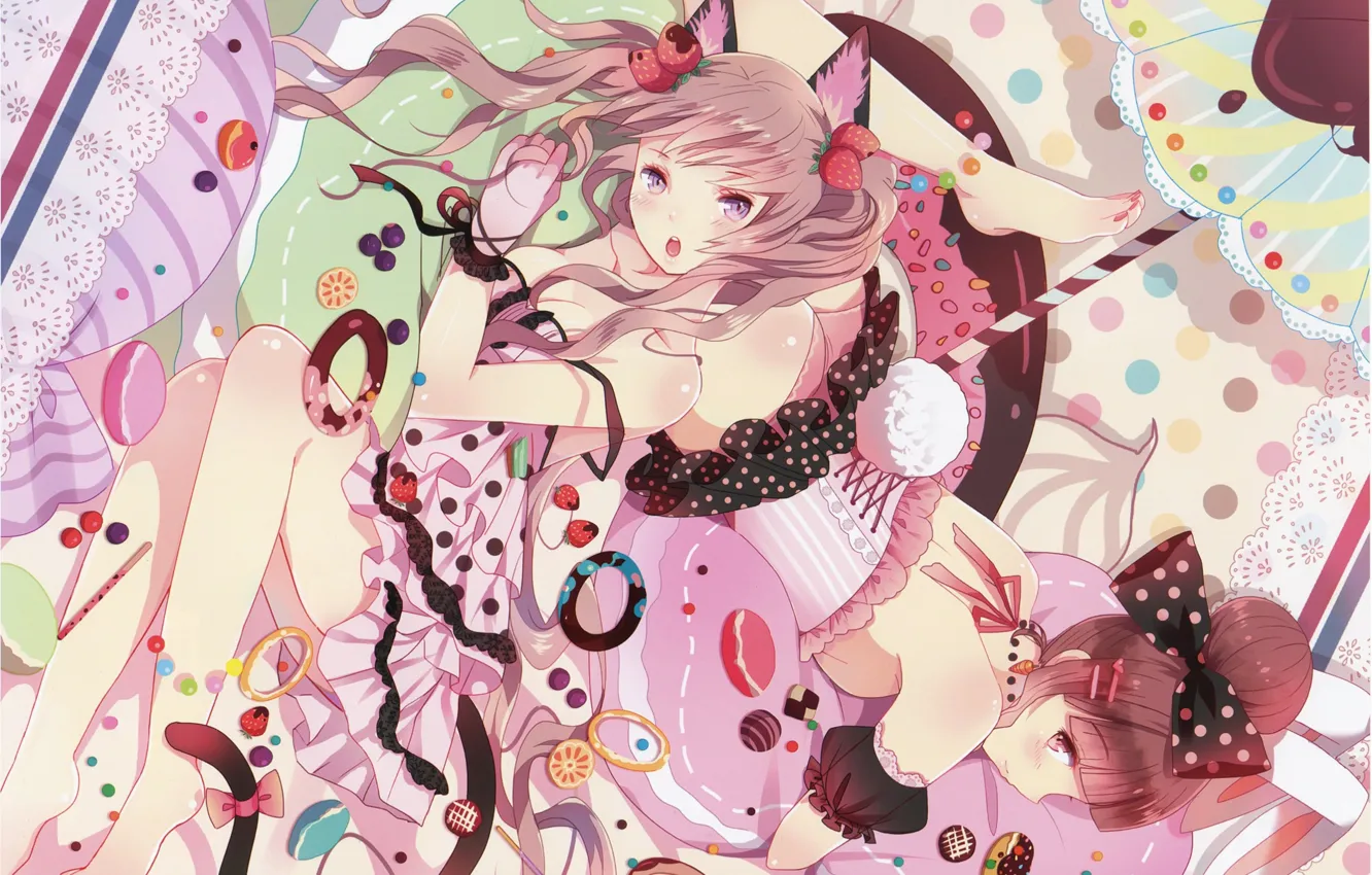 Photo wallpaper umbrella, strawberry, sweets, corset, lace, lacing, cat ears, neko girl, two girls, rabbit girl, rabbit …