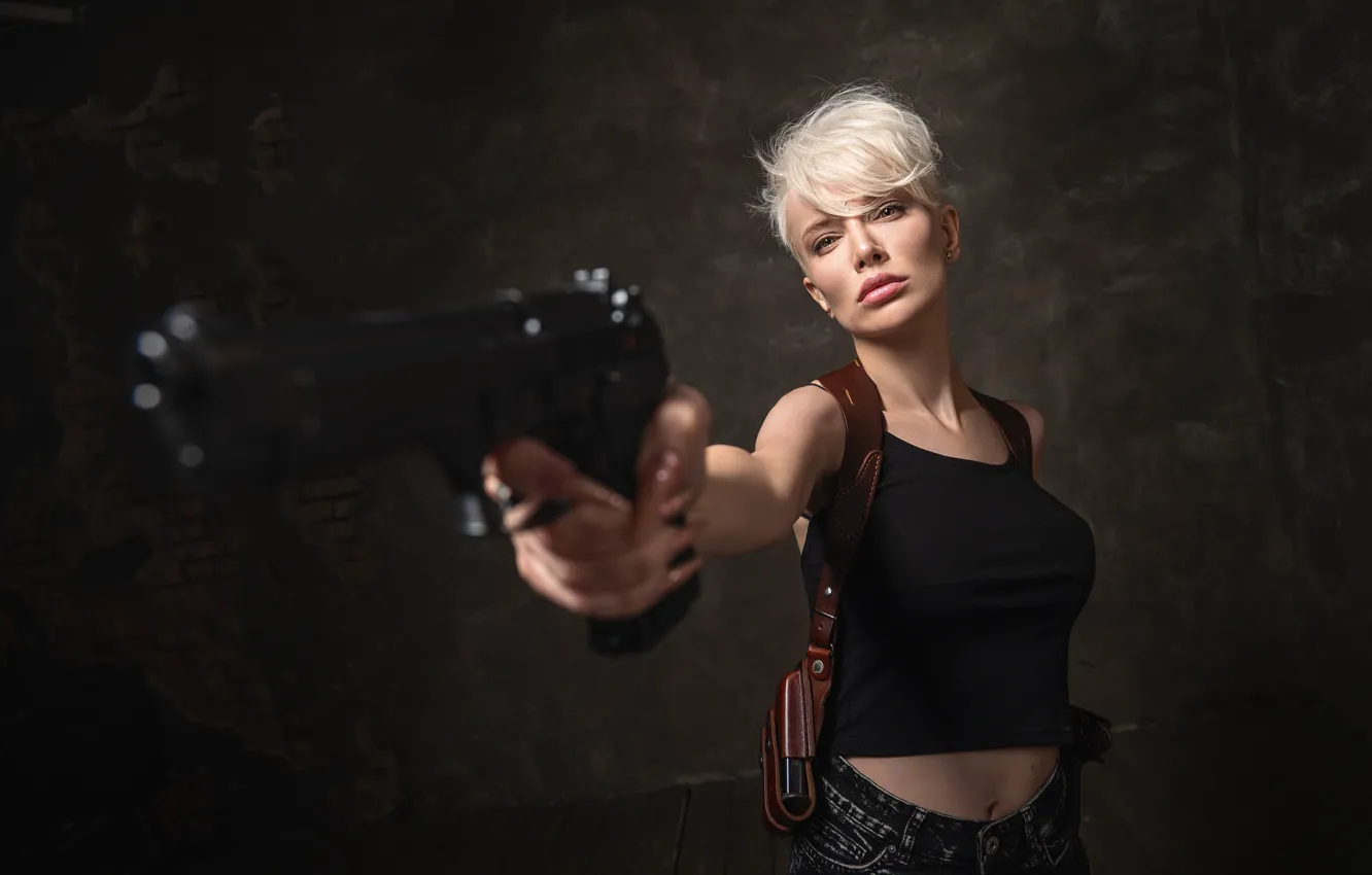 Photo wallpaper girl, pose, gun, weapons, background, blonde, Victor Vodolazki