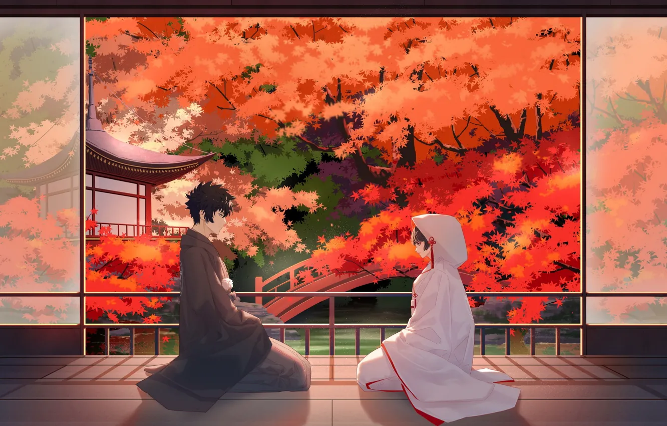 Photo wallpaper autumn, kimono, psycho-pass, tsunemori akane, kougami shinya, anime couple