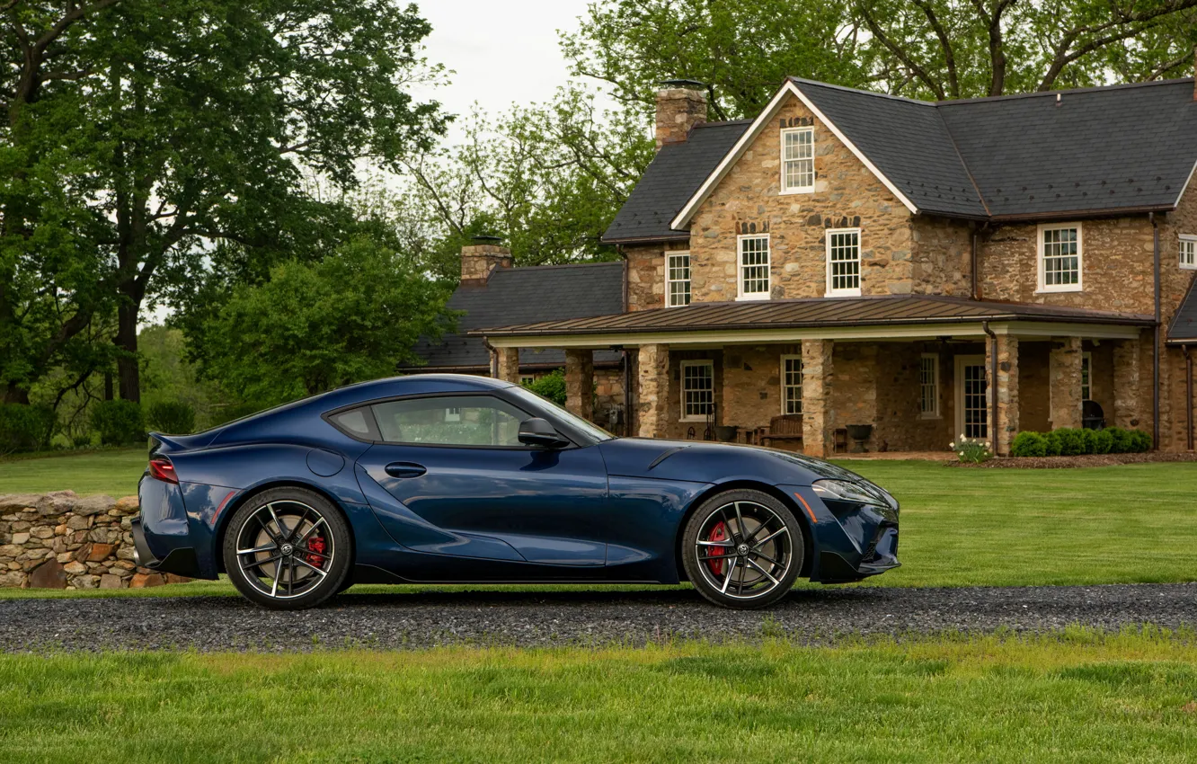 Photo wallpaper house, coupe, Toyota, side view, Supra, the fifth generation, mk5, double, dark blue, 2020, 2019, …