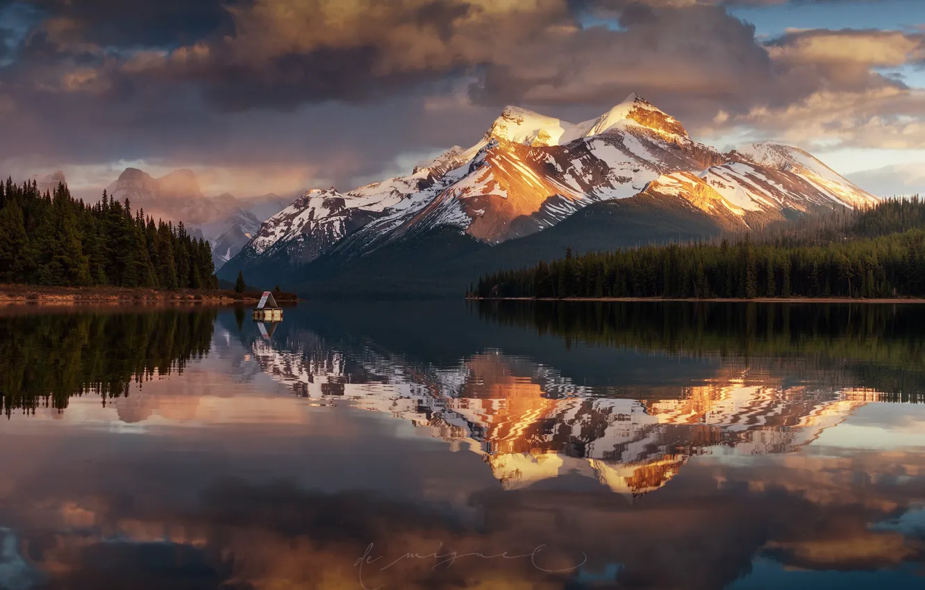 Photo wallpaper forest, the sky, trees, mountains, lake, reflection