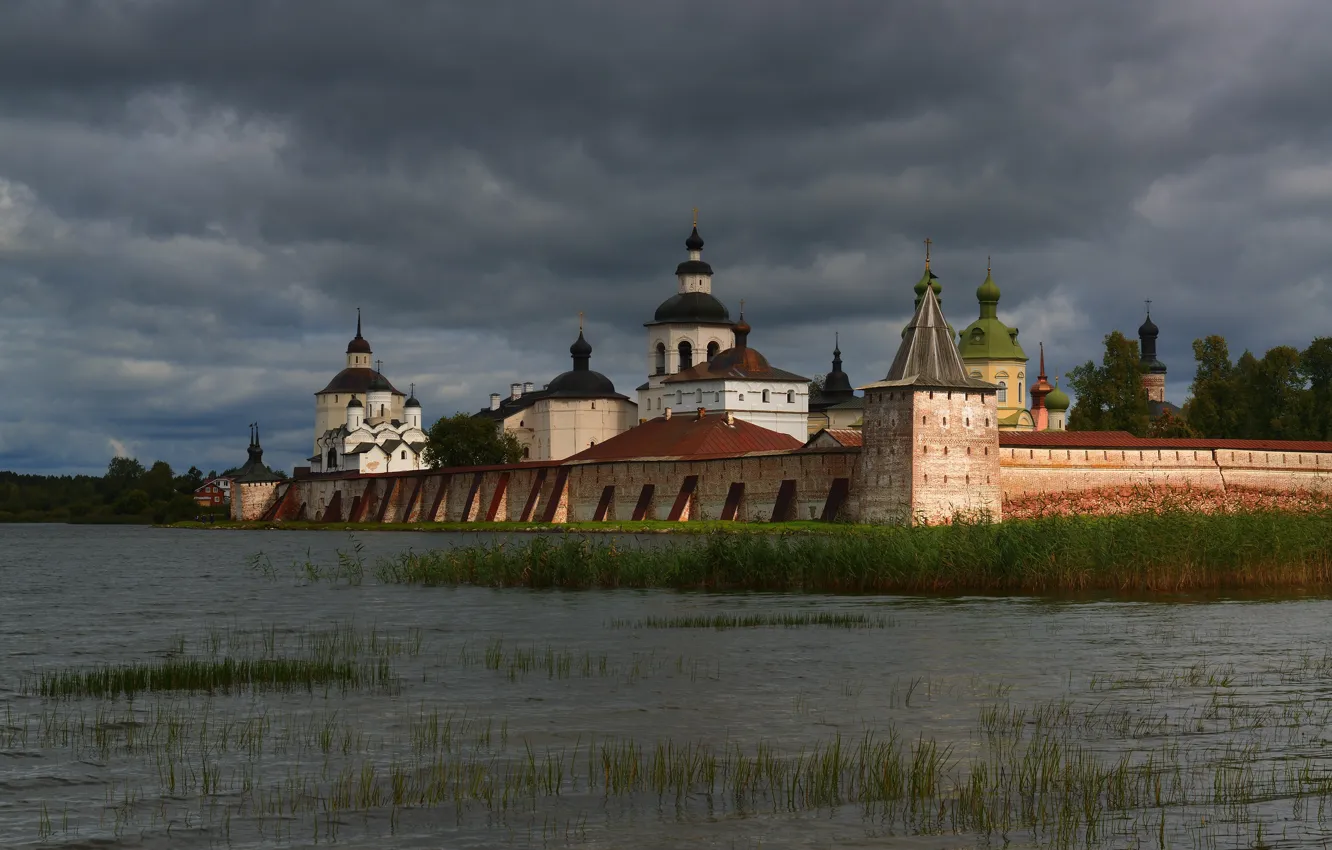 Photo wallpaper grass, landscape, clouds, the city, lake, temple, the monastery, dome, Kirillov, Maxim Evdokimov, Siverskiy, Kirillo-Belozersky …