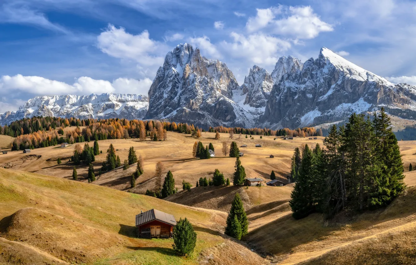 Wallpaper autumn, mountains, Alps, Italy, house, The Alpe di Siusi images for desktop, section пейзажи - download
