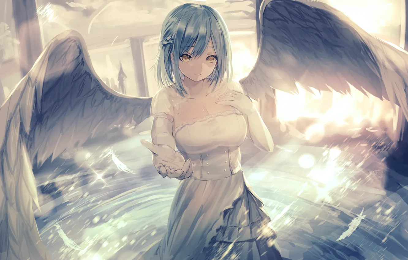 Photo wallpaper neckline, corset, white dress, gesture, blue hair, angel, stretched out his right hand, white wings, …