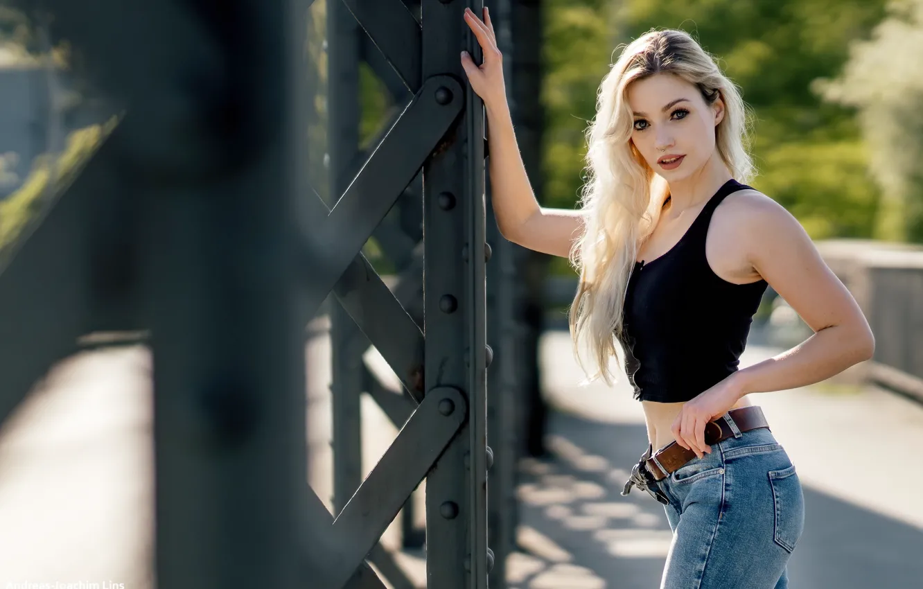 Photo wallpaper look, sexy, pose, model, portrait, jeans, makeup, Mike, figure, piercing, hairstyle, blonde, is, bokeh, Loba, …
