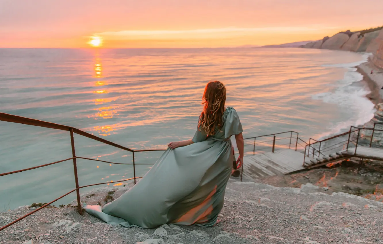 Photo wallpaper sea, girl, sunset, pose, the wind, back, dress, ladder, Juliana Mizinova