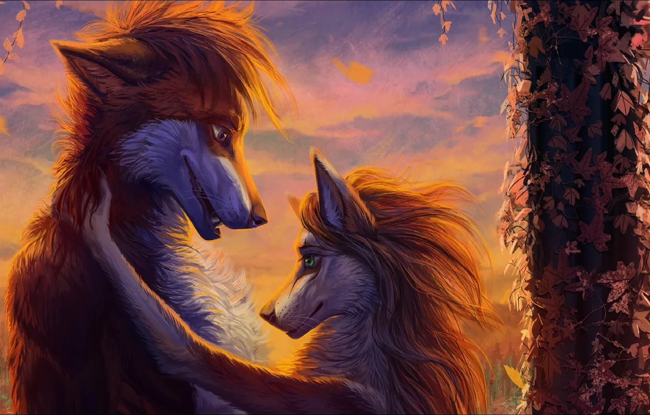 Wallpaper love, fantasy, Art, two, painting, wolves, picture images for  desktop, section живопись - download