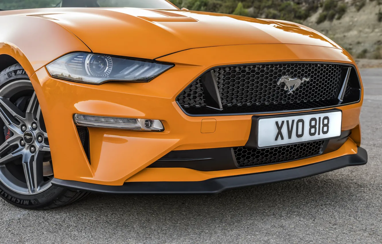 Photo wallpaper orange, Ford, 2018, the front part, fastback, Mustang GT 5.0