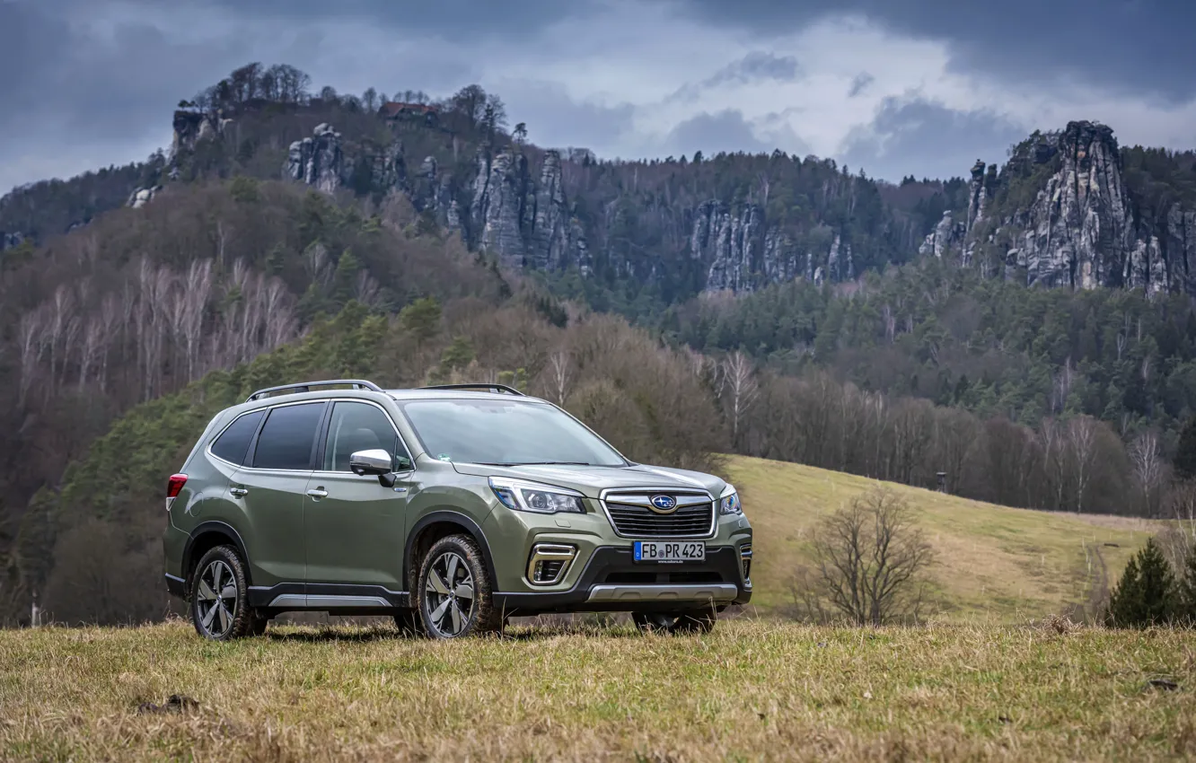Photo wallpaper mountains, Subaru, meadow, crossover, Forester, 2019