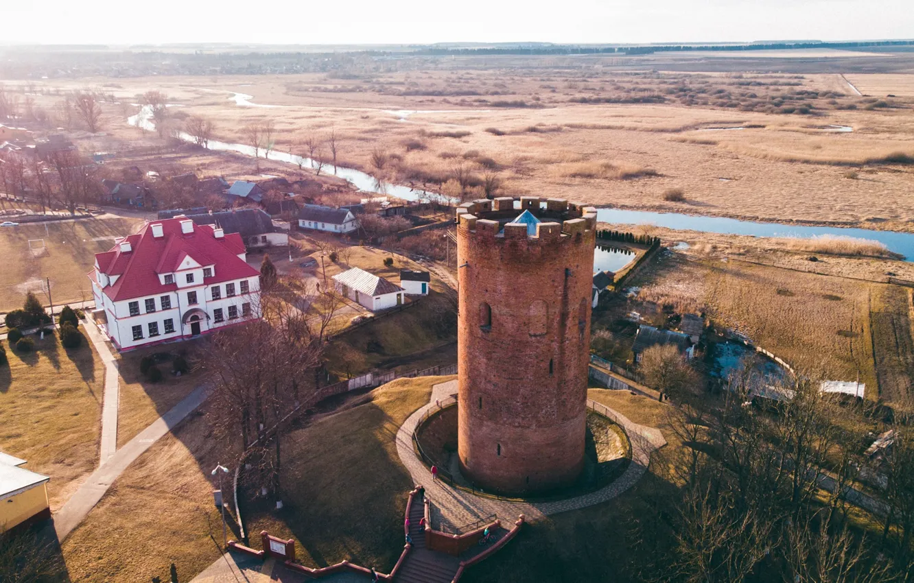 Photo wallpaper field, river, tower, horizon, Belarus, Belarus, the thirteenth century, Kamenetskaya Vezha