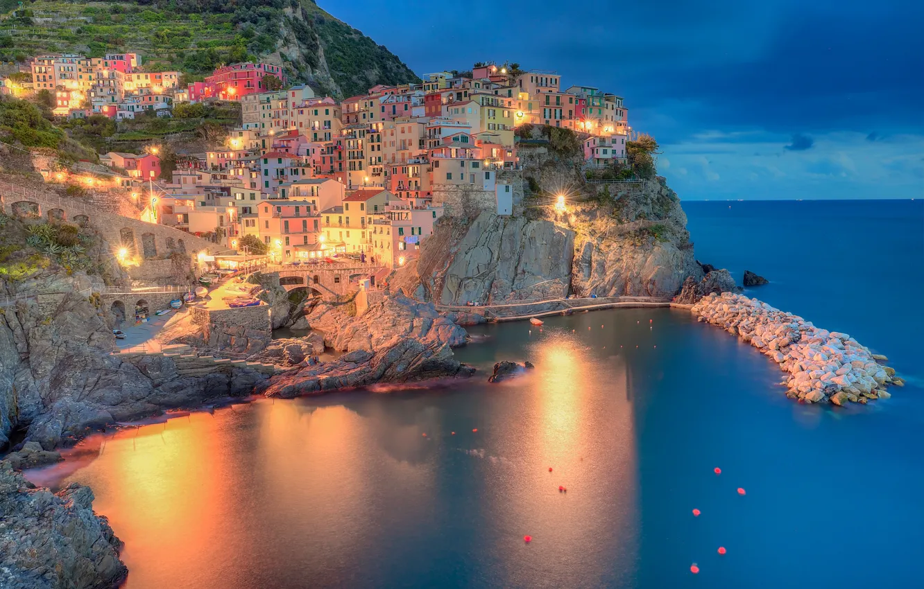 Photo wallpaper sea, rock, coast, building, home, Bay, Italy, Italy, The Ligurian sea, Manarola, Manarola, Cinque Terre, …