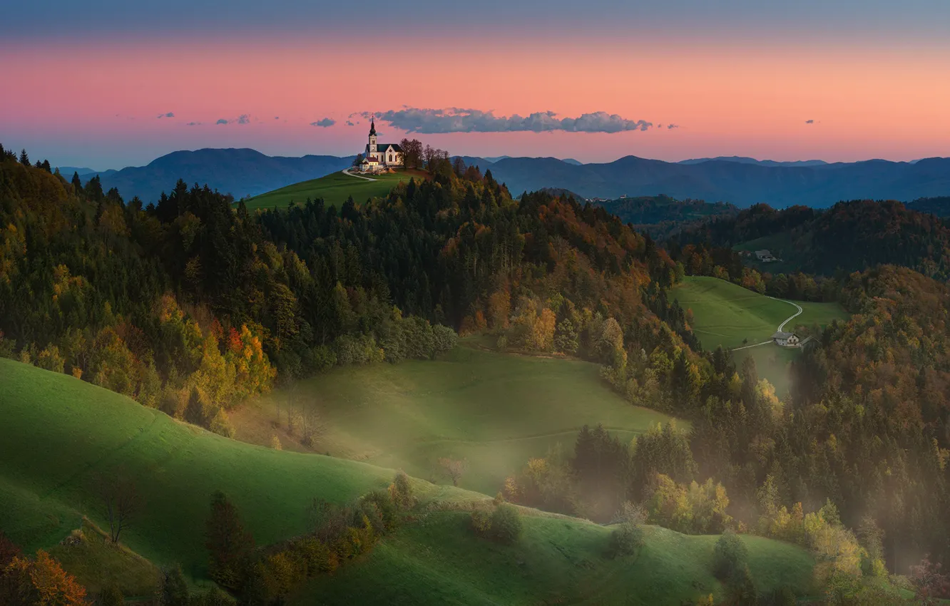 Photo wallpaper landscape, mountains, nature, hills, Church, forest, meadows, Slovenia, Materov.