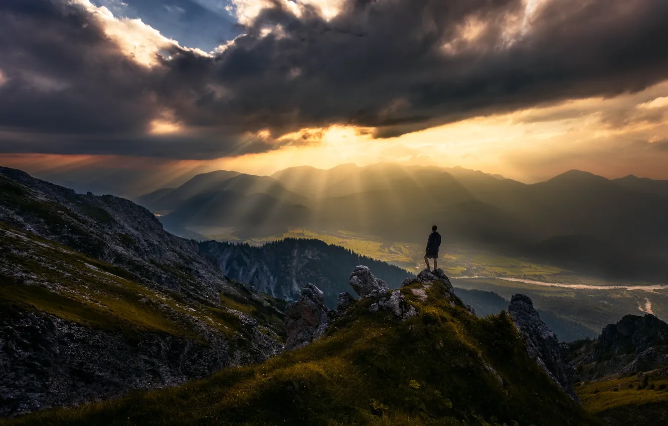 Photo wallpaper clouds, sunset, mountains, the evening, Germany, Bayern, man, solnechniye