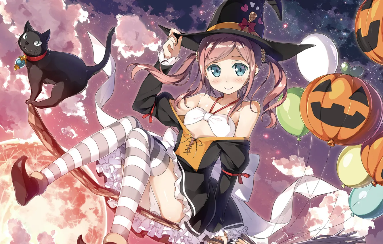 Photo wallpaper balloons, flight, broom, the full moon, black cat, halloween, witch, striped stockings, visual novel, witch, …