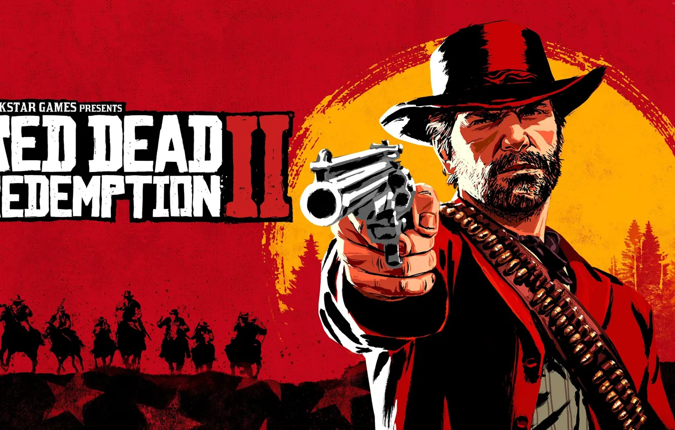 Photo wallpaper The game, Forest, Horse, Cartridges, Hat, Beard, Jacket, Revolver, Character, Shoots, Rockstar Game, Red Dead …