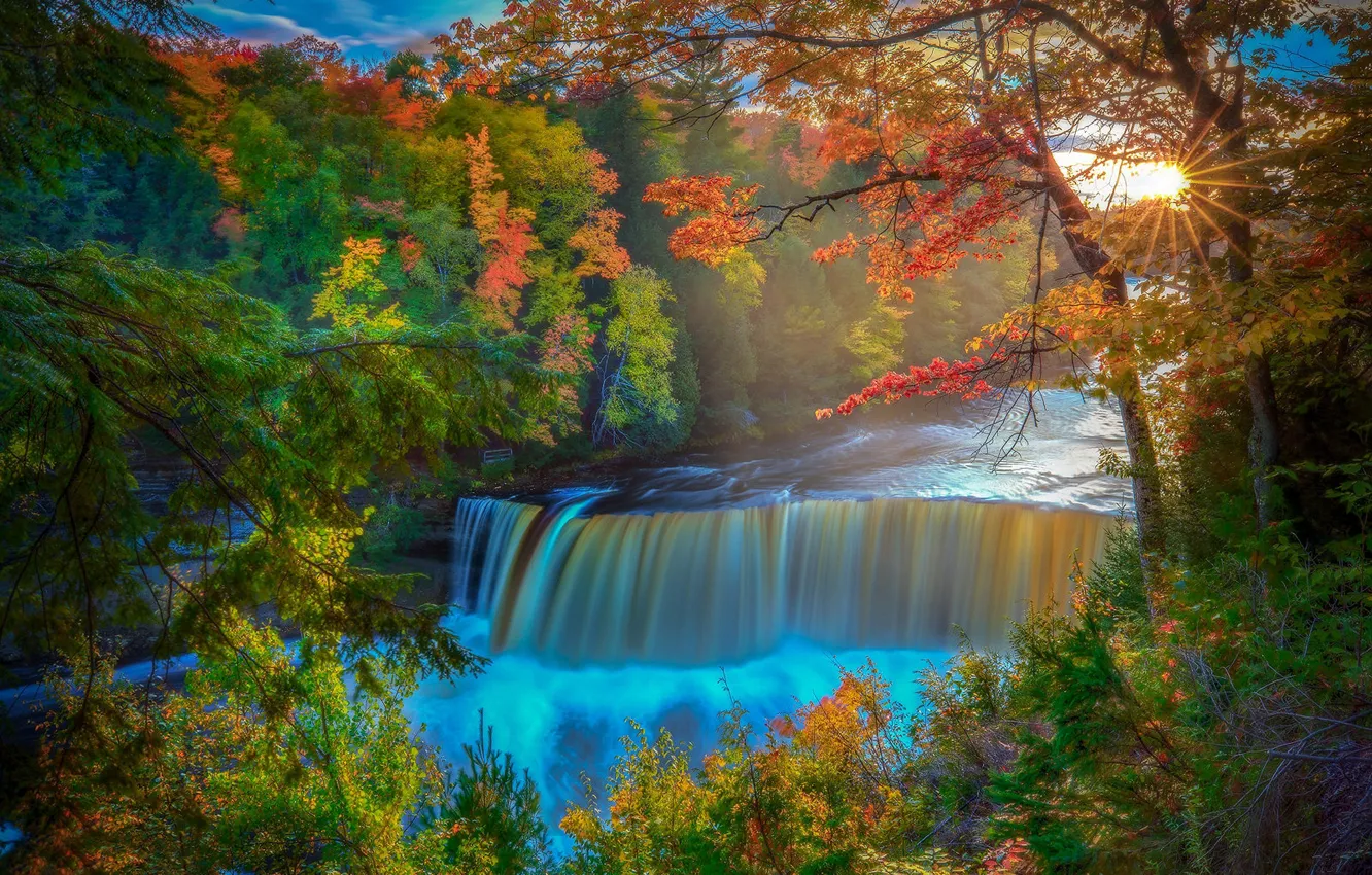 Photo wallpaper autumn, forest, trees, river, waterfall, Michigan, Michigan, Tahquamenon Falls State Park, Tahquamenon Falls, Tahquamenon River, …