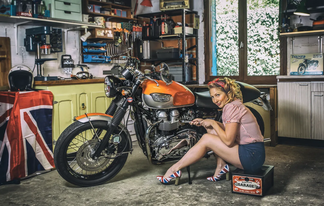Wallpaper woman, garage, motorcycle images for desktop
