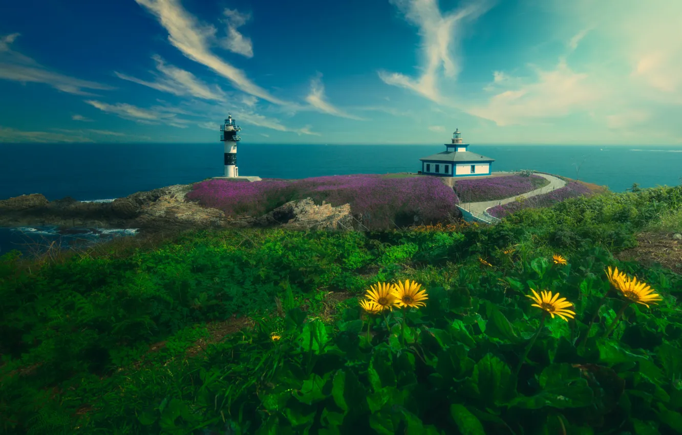 Photo wallpaper road, sea, landscape, nature, lighthouse, Spain, Галиция, Faro de Illa Pancha