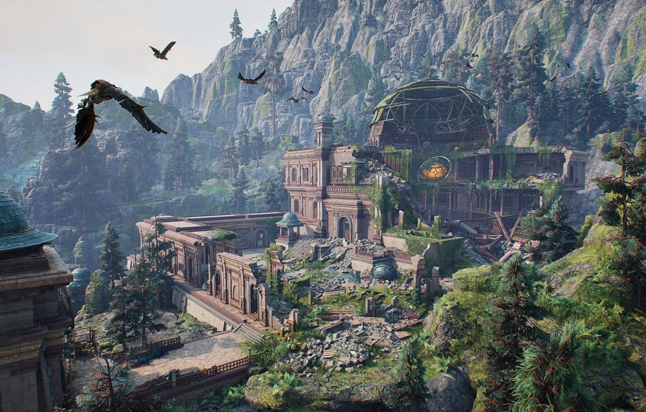 Photo wallpaper mountains, birds, castle, fantasy, ruins, Outcast 2 - A New Beginning