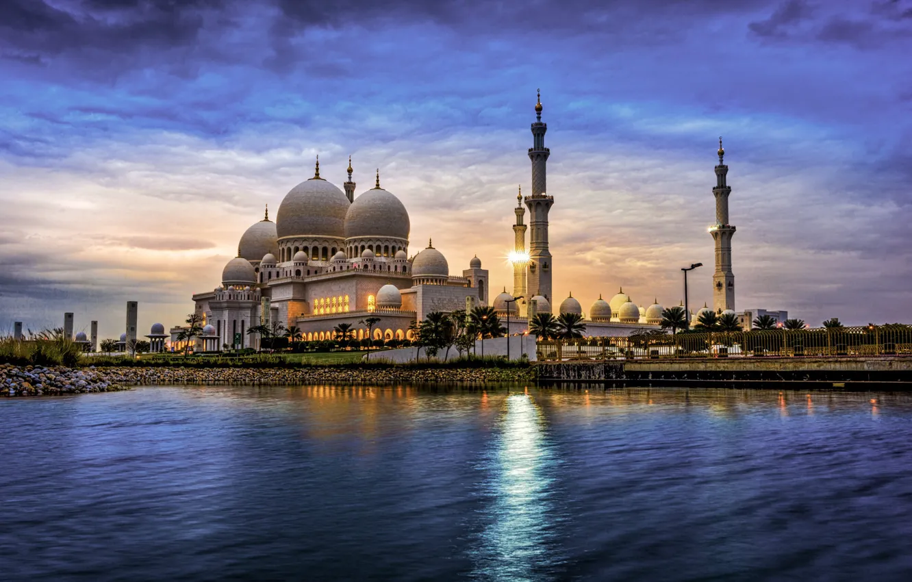 Wallpaper water, the city, the evening, tower, mosque, architecture, UAE,  dome, The Sheikh Zayed Grand mosque, Abu Dhabi, Emirates images for  desktop, section город - download