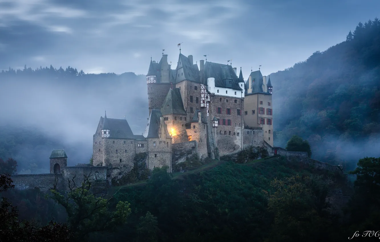 Photo wallpaper forest, twilight, tower, sky, trees, landscape, Germany, sunset, clouds, evening, castle, architecture, mist, Eltz Castle