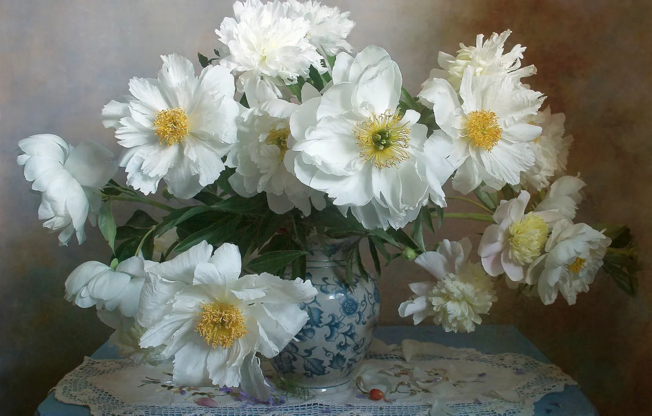 Photo wallpaper flowers, vase, table, napkin, peonies