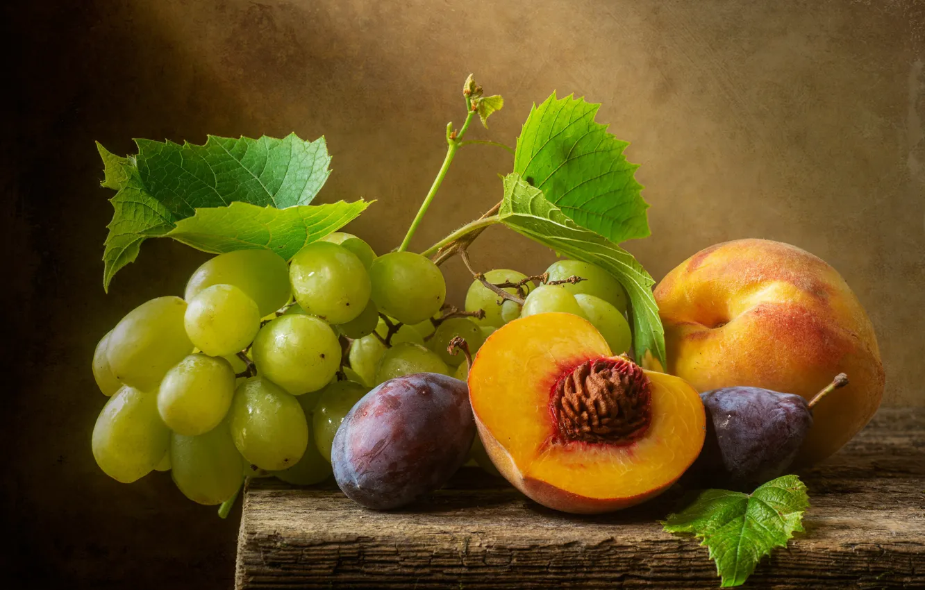 Photo wallpaper grapes, still life, peaches, plum, Максим Вышарь