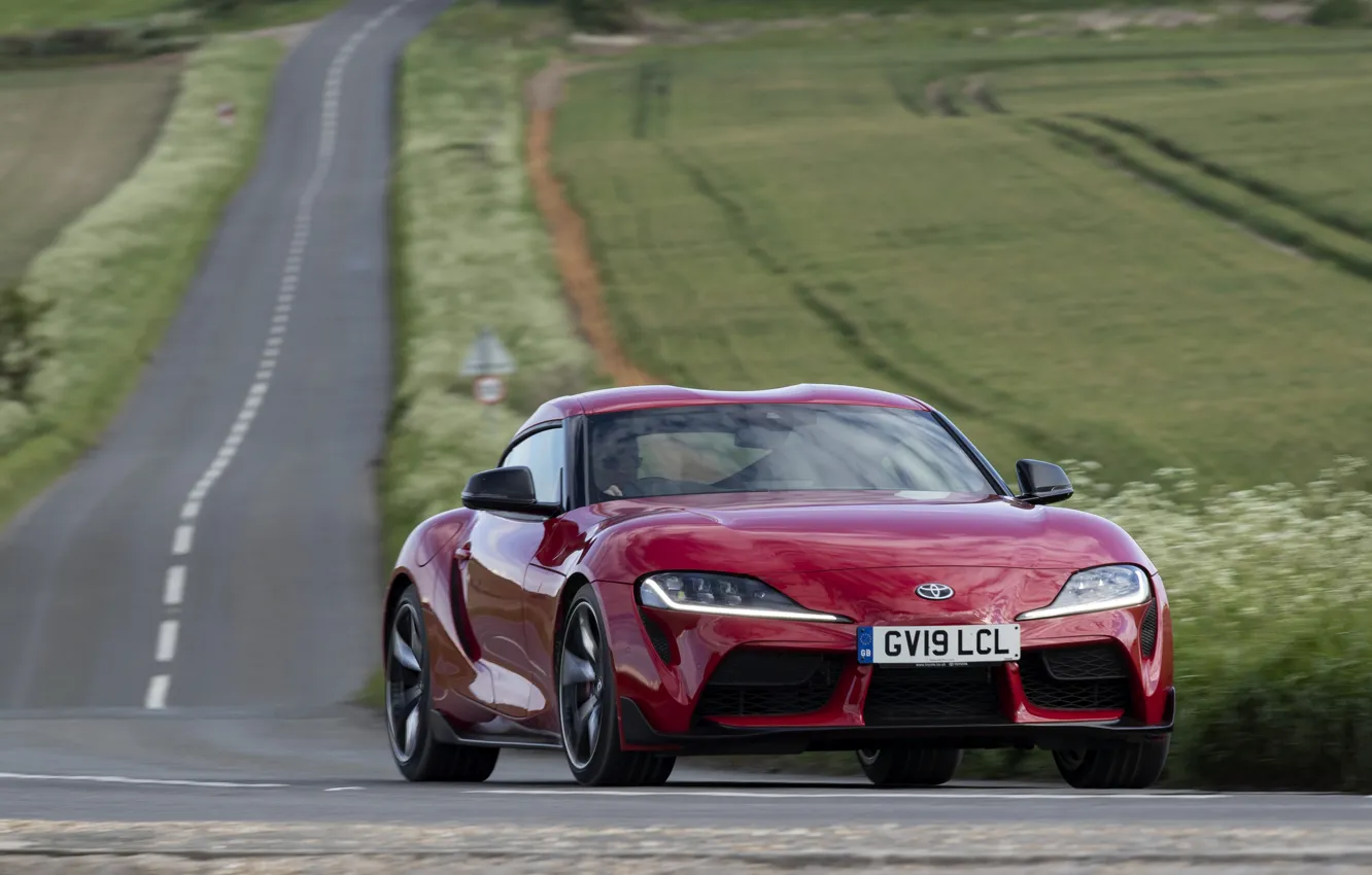 Photo wallpaper road, field, red, movement, coupe, turn, Toyota, Supra, the fifth generation, mk5, double, 2019, UK …