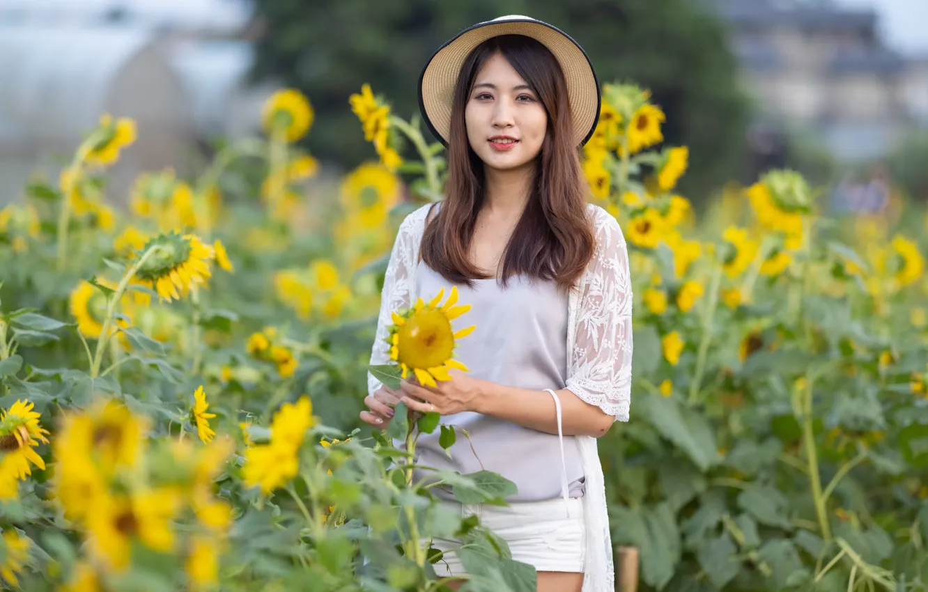 Photo wallpaper look, sunflowers, hat, Asian