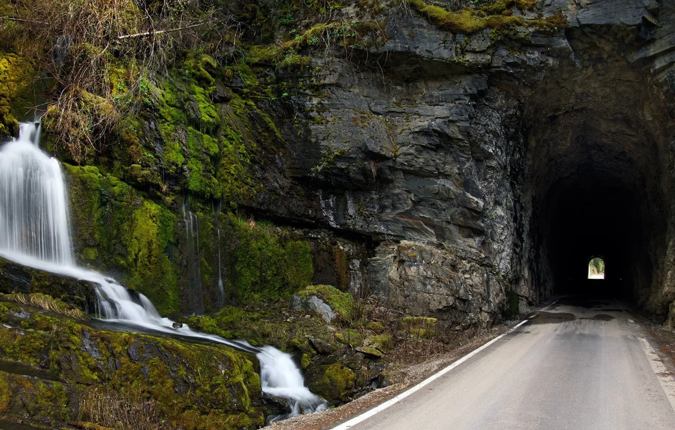 Photo wallpaper road, rock, photo, waterfall, the tunnel