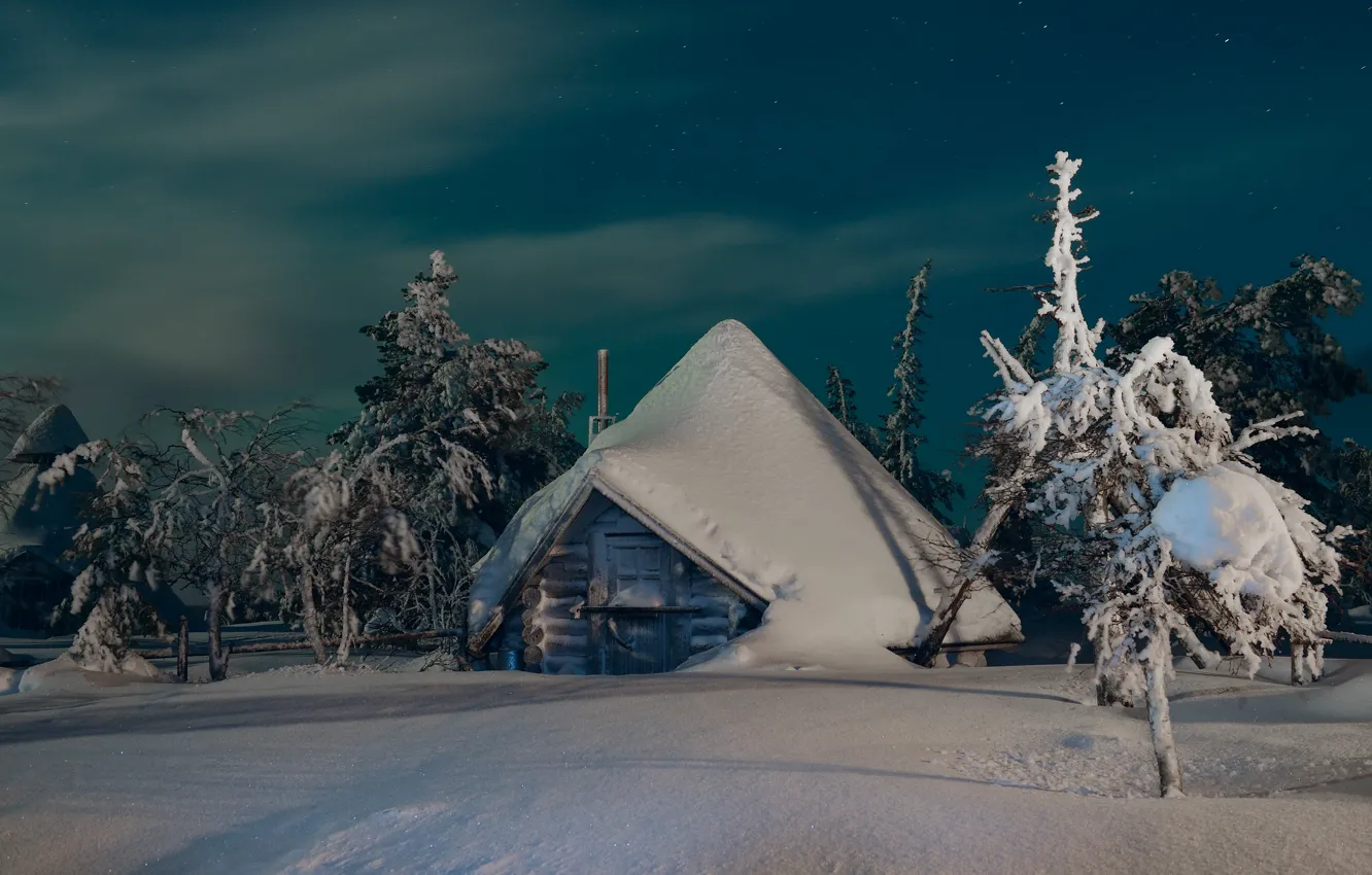 Photo wallpaper winter, snow, trees, landscape, night, nature, hut, house, Finland, Lapland, Maxim Evdokimov