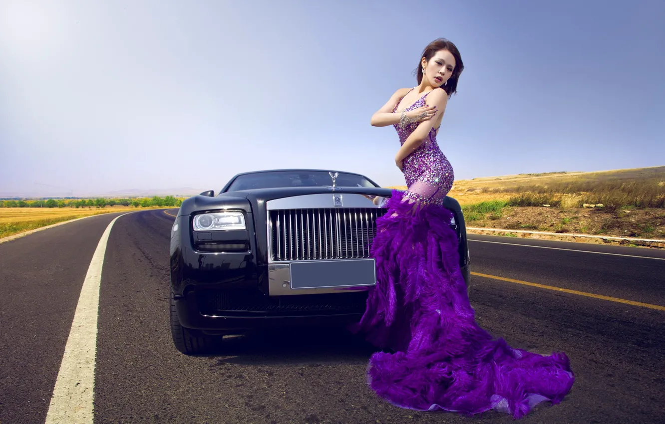 Photo wallpaper auto, look, Girls, Asian, beautiful girl, Rolls-royce, posing on the car