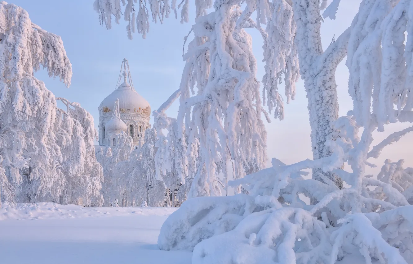 Photo wallpaper winter, snow, trees, frost, the snow, temple, Russia, dome, Perm Krai, Maxim Evdokimov, White mountain, …