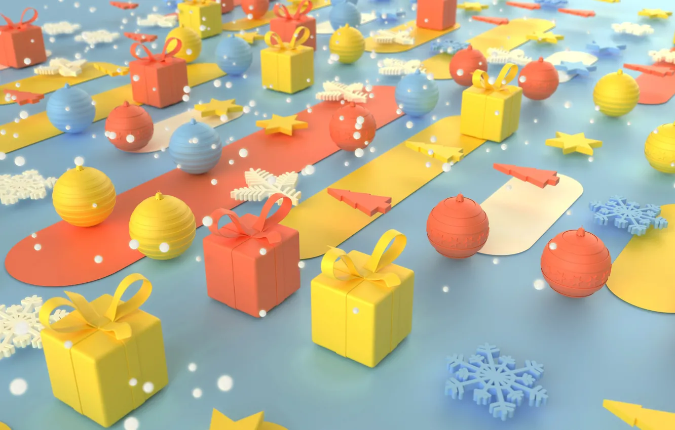 Photo wallpaper balls, snowflakes, rendering, holiday, graphics, Christmas, gifts, New year, Christmas decorations, boxes