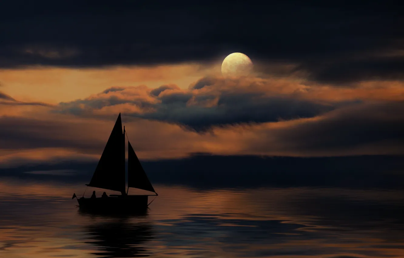 Photo wallpaper night, the moon, boat