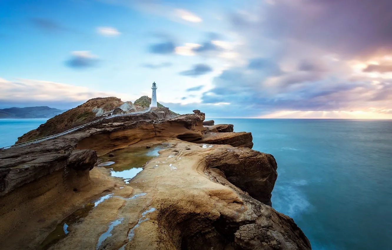 Photo wallpaper sea, New Zealand, sunset, rocks, lighthouse, Castle Point