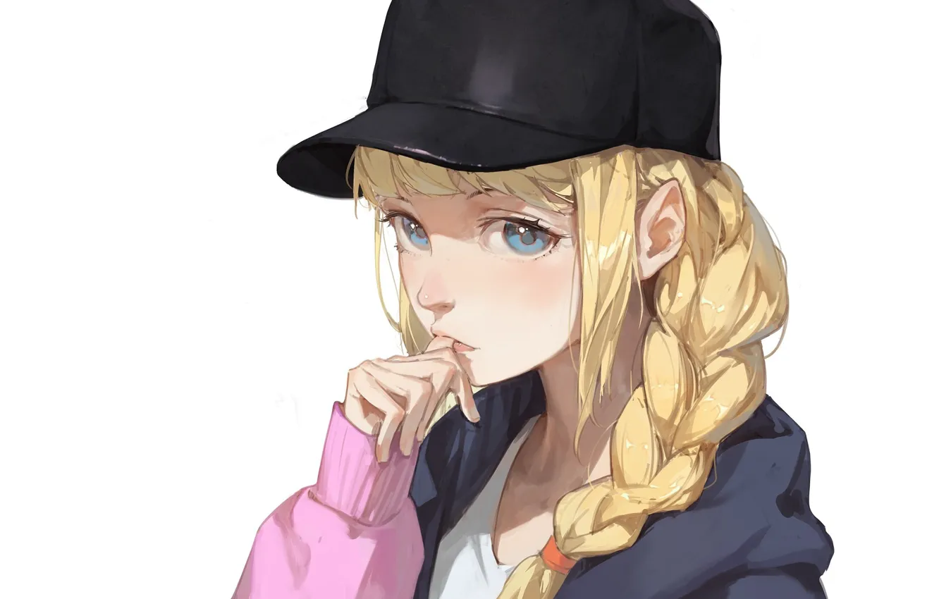 Photo wallpaper white background, braid, blue eyes, baseball cap, thought, hoodies, blonde
