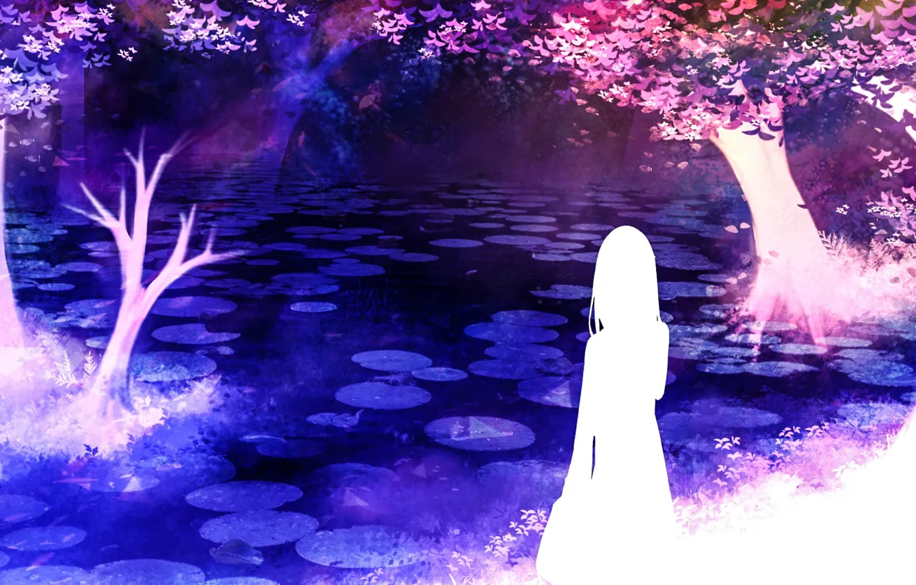 Photo wallpaper forest, girl, pond, water lilies, by Akyuun