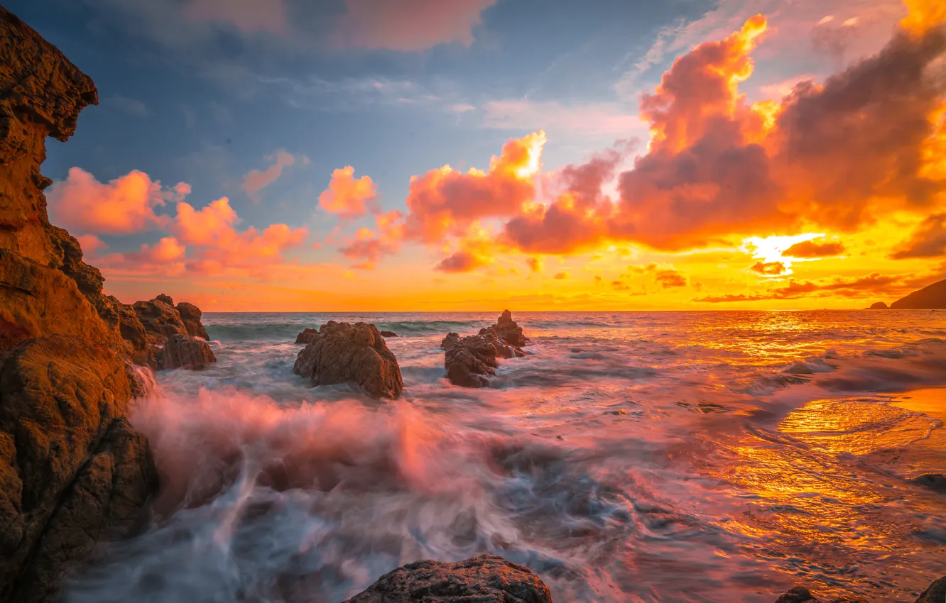 Photo wallpaper sunset, the ocean, rocks, CA, Pacific Ocean, California, The Pacific ocean, Malibu, Malibu Beach