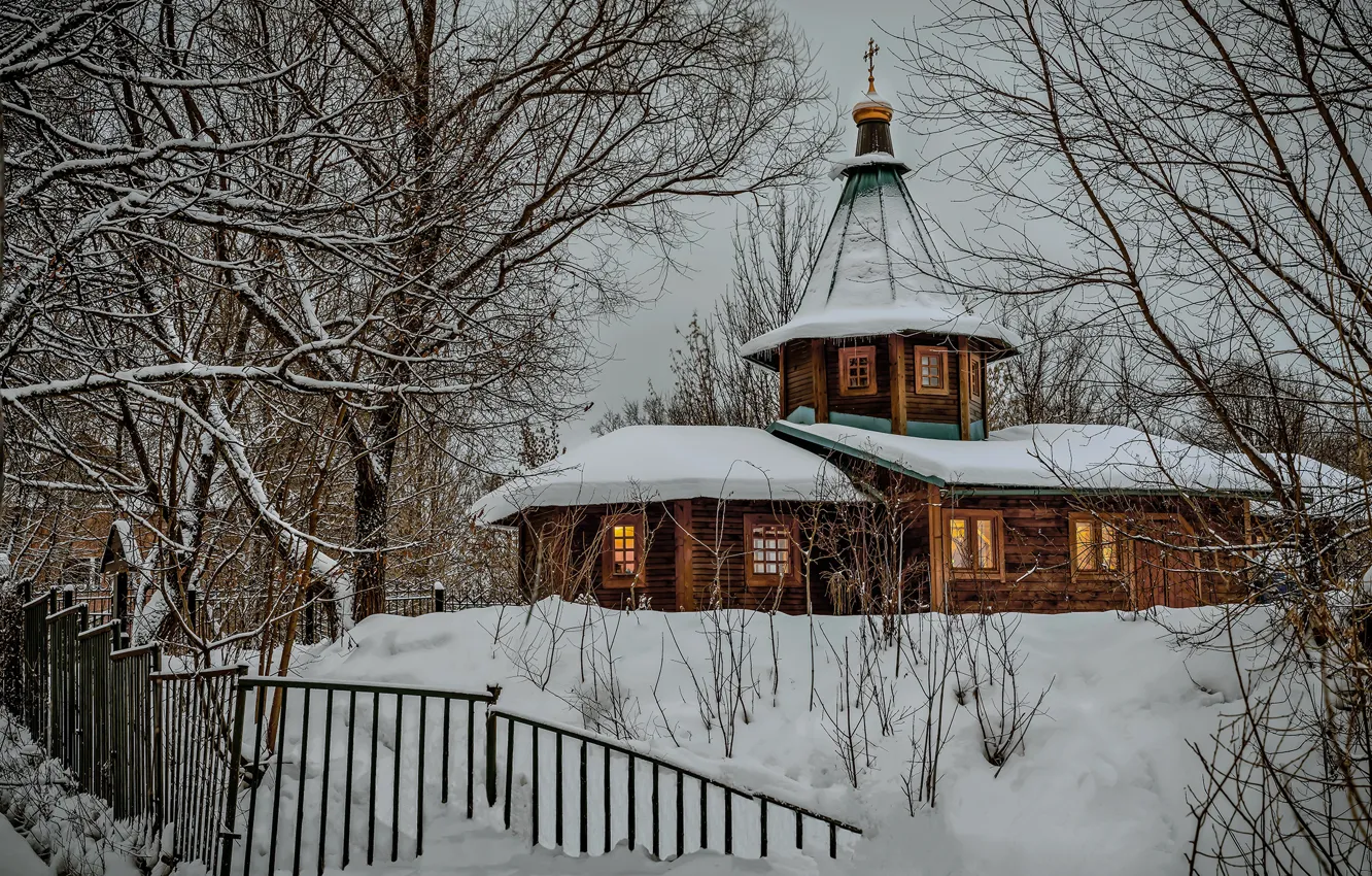 Photo wallpaper winter, snow, trees, landscape, nature, the fence, Church, Вячеслав Бирюков