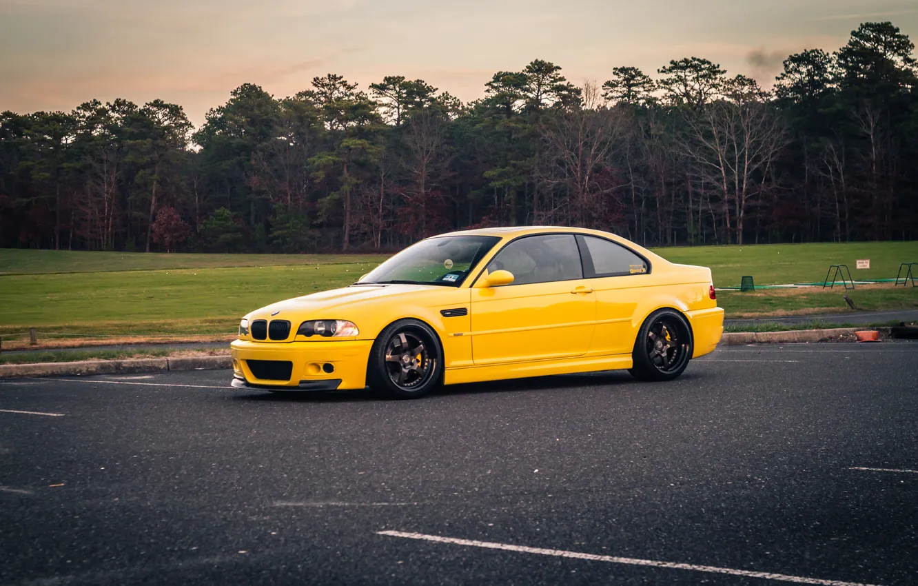 Photo wallpaper BMW, Yellow, E46, Parking, Forest, M3