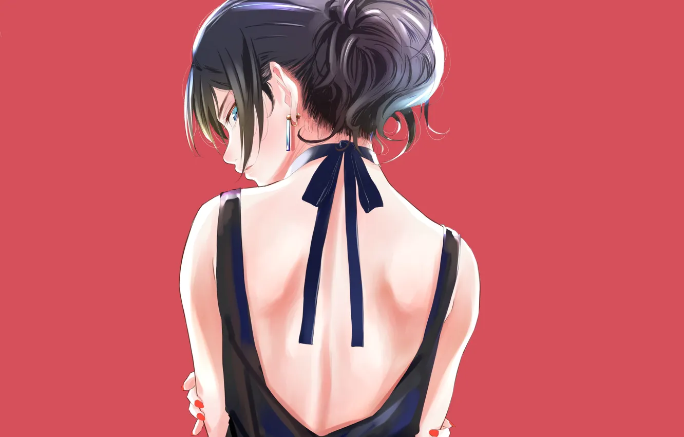 Photo wallpaper look, girl, background, back, earrings, anime, dress, art, hairstyle, bow, evening dress