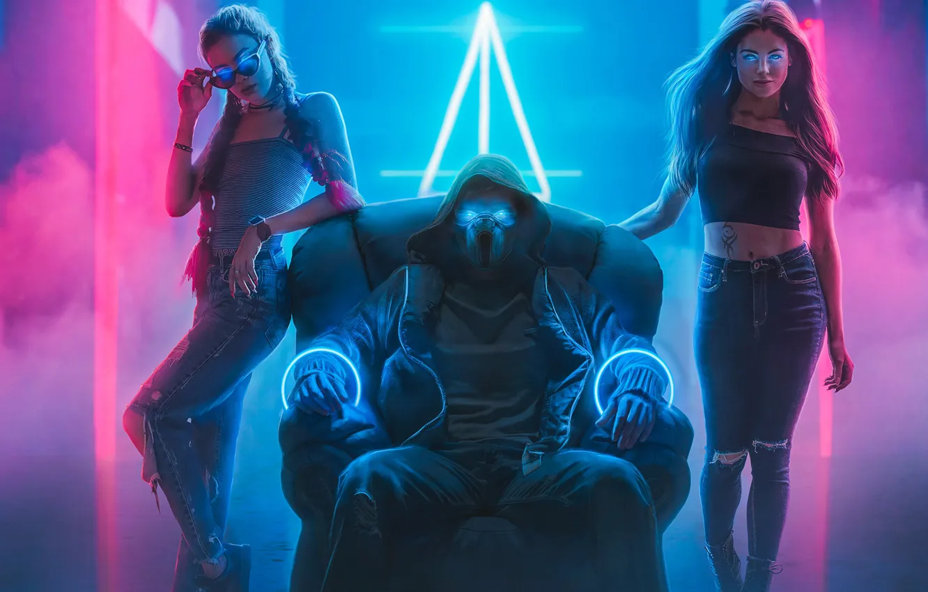 Wallpaper lights, pose, girls, smoke, jeans, neon, mask, jacket, hood, guy,  sitting, in the chair, sexy, Cyberpunk, Mikey, Bad boy images for desktop,  section арт - download