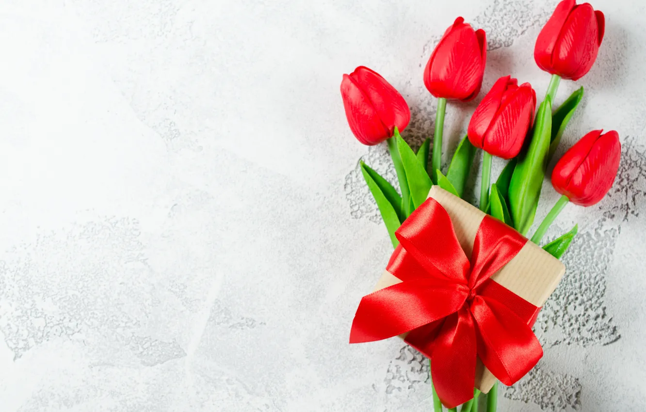 Photo wallpaper love, flowers, gift, bouquet, tape, tulips, red, red, love, flowers, romantic, tulips, valentine's day, gift …