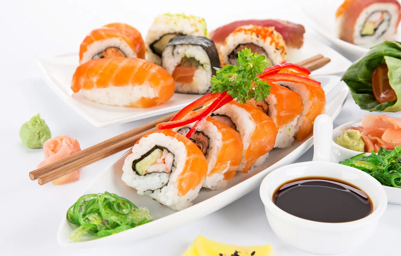 Wallpaper fish, sauce, sushi, sushi, fish, rolls, seafoods