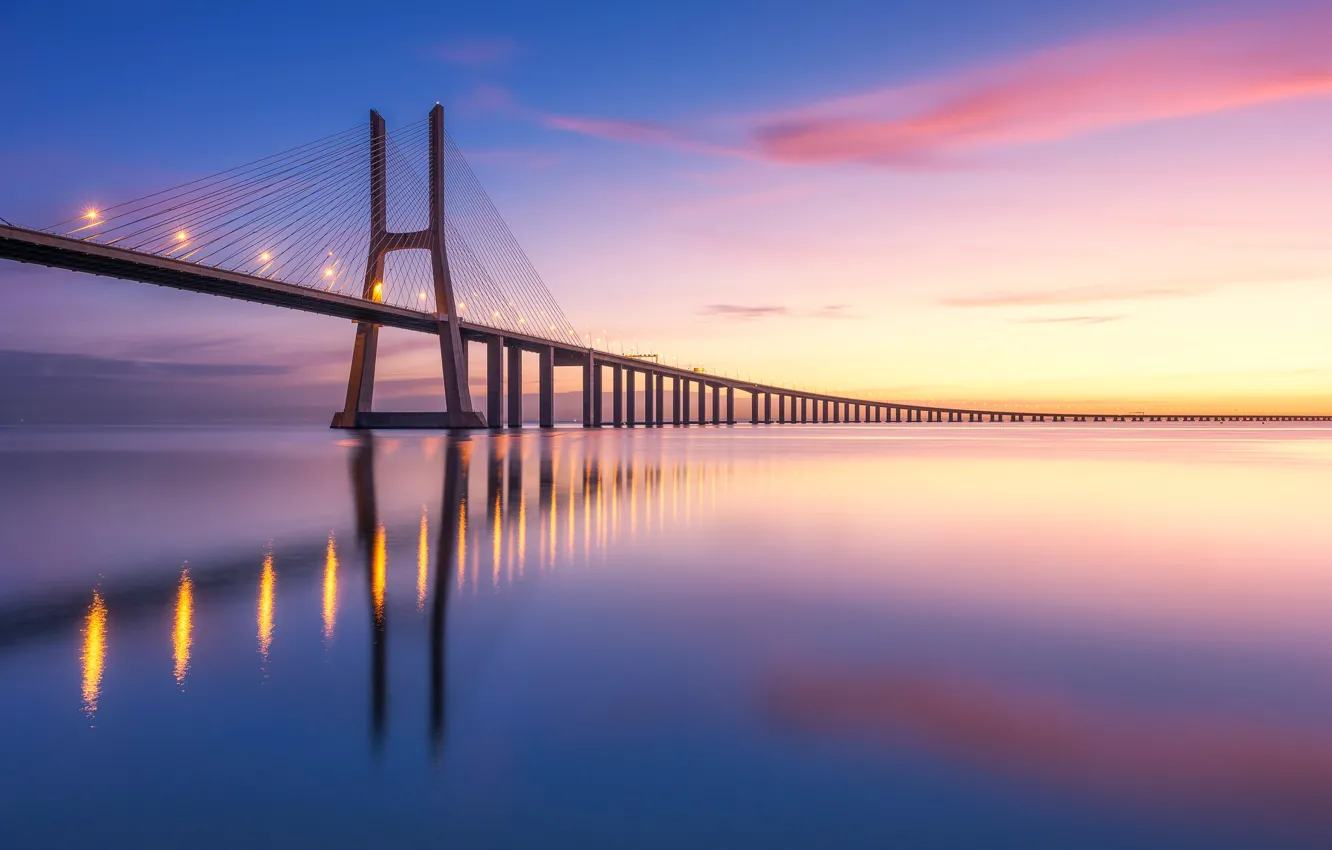 Wallpaper bridge, reflection, river, dawn, morning, Portugal, Lisbon ...