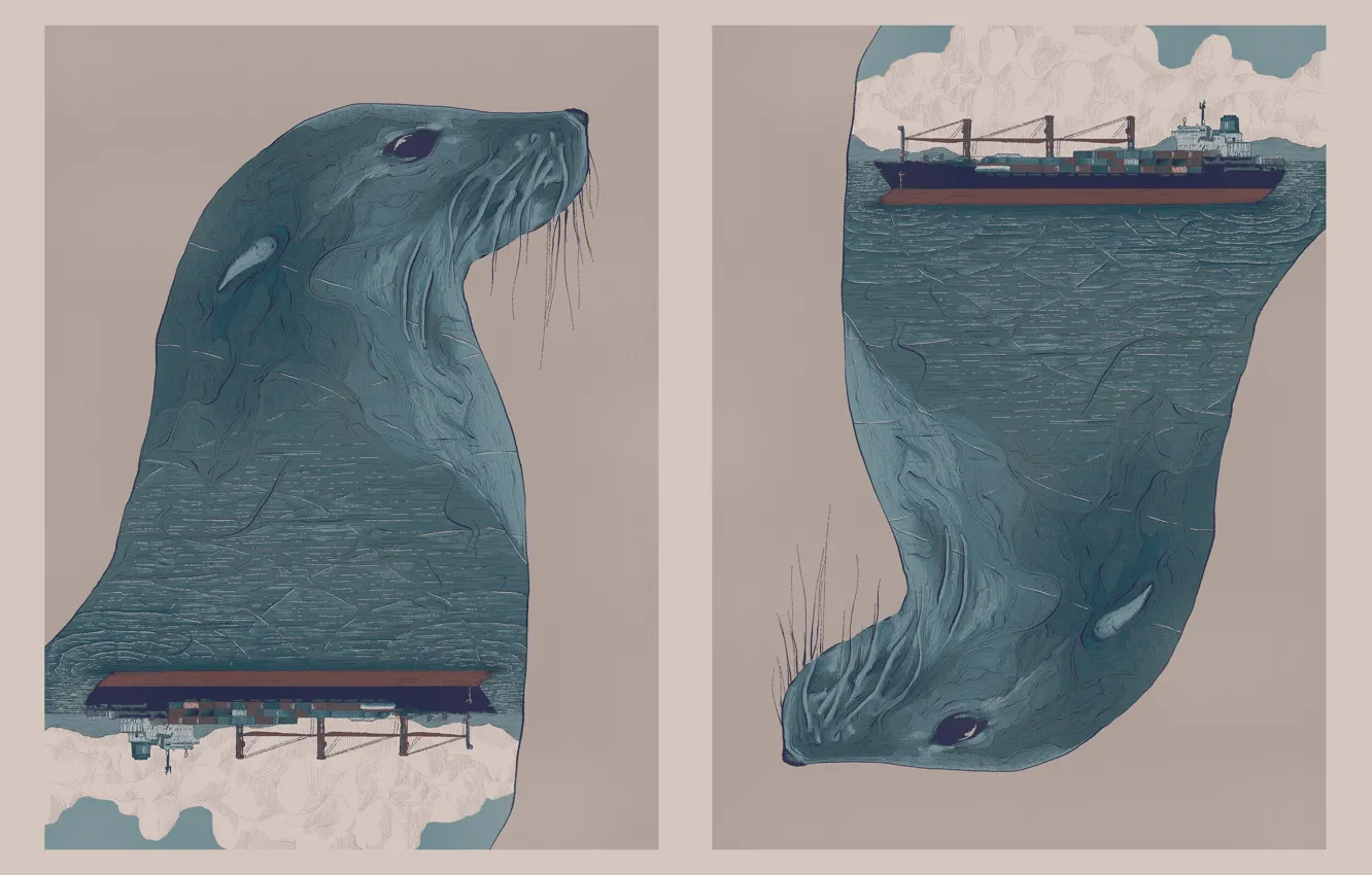 Photo wallpaper Sea, Figure, The ship, Art, A container ship, Sea, Animal, Vessel, Daniel Simmonds, by Daniel …